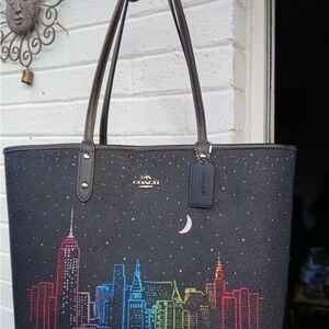Reversible Coach Black Tote with Multicolor Skyline Print